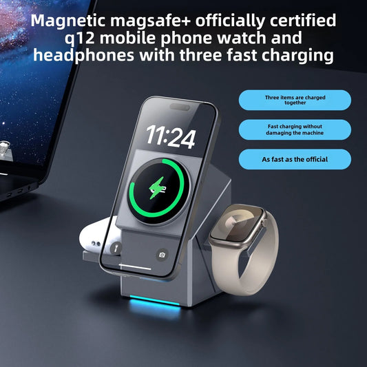 Intelligent mecha 3 in 1 Wireless Charger Stand Magnetic Qi2 15W Fast Charging for iPhone 12 13 14 15 16 iWatch Airpods 2 3 Pro